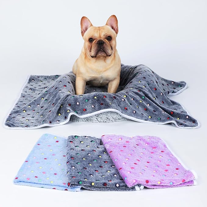 1 Pack 3 Blankets Super Soft Cute Dot Pattern Pet Blanket Flannel Throw for Dog Puppy Cat Blue/Purple/Grey Medium