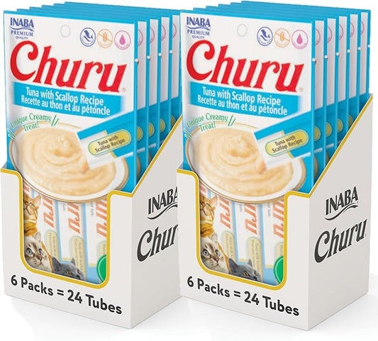 INABA Churu Cat Treats, Grain-Free, Lickable, Squeezable Creamy Purée Cat Treat/Topper with Vitamin E & Taurine, 0.5 Ounces Each Tube, 48 Tubes (4 per Pack), Tuna with Scallop Recipe