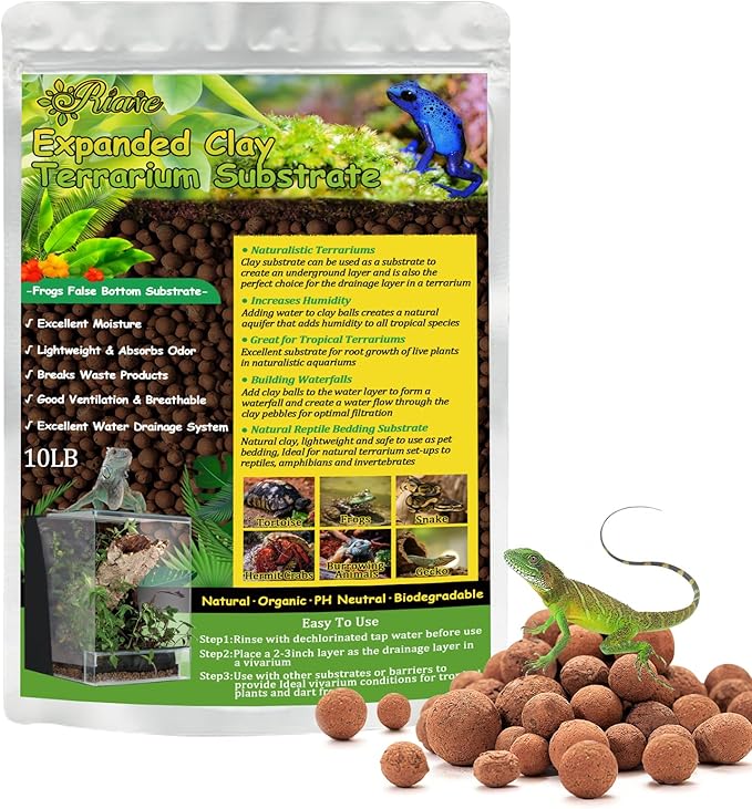 10LBS Expanded Clay Balls Terrarium Substrate for Reptiles - 100% Organic Lightweight Clay Pebbles Substrate Frogs False Bottom Substrate, Bioactive Terrarium Substrate for Drainage and Moisture