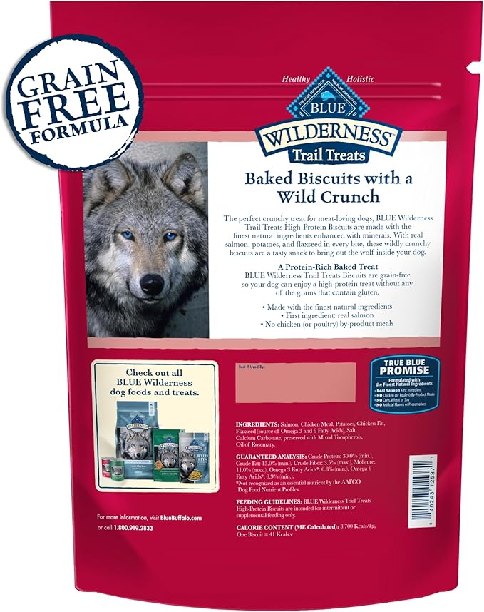 Blue Buffalo Wilderness Trail Treats Crunchy Dog Biscuits, Grain-Free and High-Protein Dog Treats Made with Natural Ingredients, Salmon Recipe 24-oz. Bag