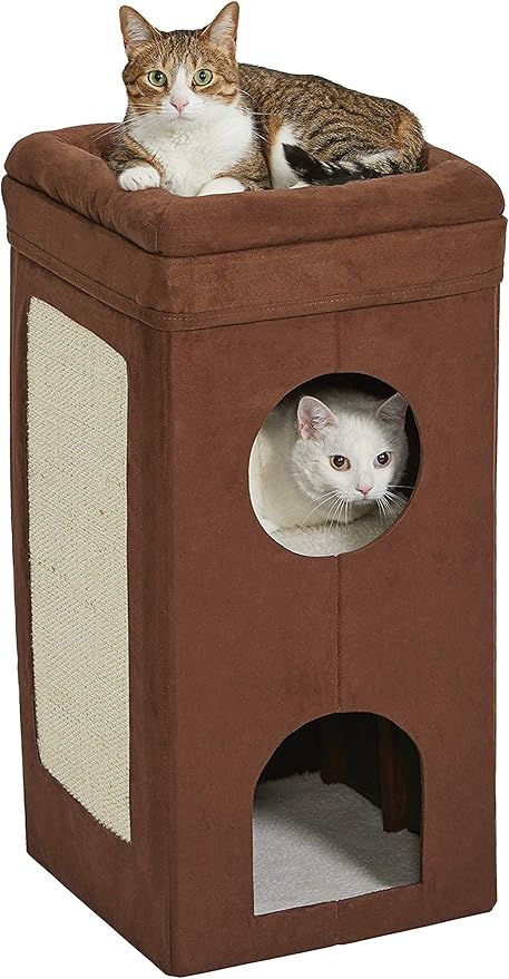 MidWest Homes for Pets Cat Condo | Tri-Level Design in Brown Faux Suede & Synthetic Sheepskin | 14.6L x 14.72W x 30.39H Inches