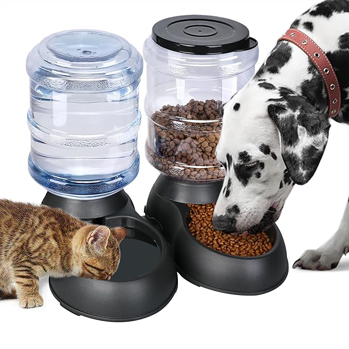 2 Pack Automatic Cat Feeder and Water Dispenser in Set Gravity Food Feeder and Waterer with Pet Food Mat for Small Medium Dog Pets Puppy Kitten Big Capacity 1 Gallon x 2 (2 Pack Jet Black)