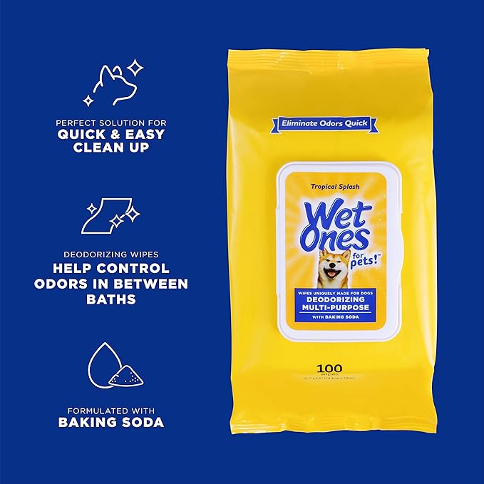 Wet Ones for Pets Deodorizing Multi-Purpose Dog Wipes With Baking Soda, 100 ct - 12 Pack | Dog Deodorizing Wipes For All Dogs in Tropical Splash Scent, Wet Ones Wipes for Deodorizing Dogs