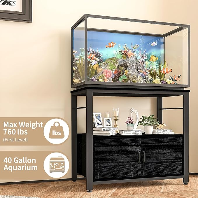 Fish Tank Stand Metal Aquarium Stand with Cabinet Accessories Storage 40-50 Gallon, Double Layer Metal with Storage Weight Capacity 760lbs, Black