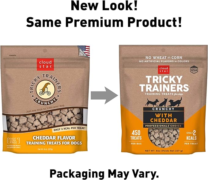 Cloud Star Tricky Trainers Crunchy Dog Training Treats 5 oz Pouch, Cheddar Flavor, Low Calorie Behavior Aid with 680 Treats