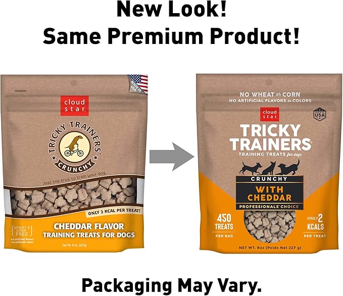 Cloud Star Tricky Trainers Crunchy Dog Training Treats 8 oz Pouch, Cheddar Flavor, Low Calorie Behavior Aid with 450 treats.