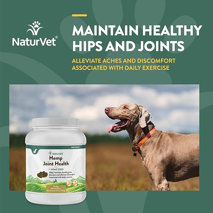 NaturVet Hemp Joint Health Hip & Joint Support Dog Supplement – Soft Chew Supplements for Dogs with Glucosamine, MSM, Chondroitin, Omega 3, Vitamins, Antioxidants – 240 Ct.