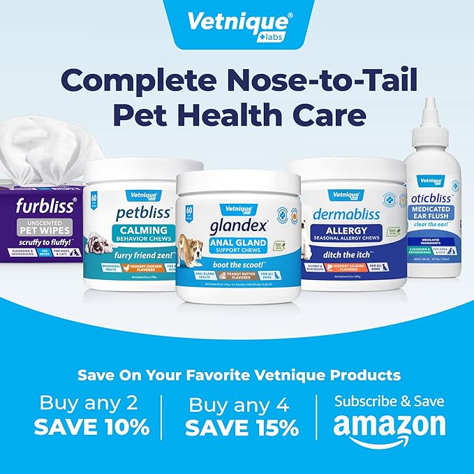 Vetnique Labs Oticbliss Ear Cleaner Wipes/Flushes for Dogs & Cats with Odor Control and Itch Relief Reduces Head Shaking - Clear The Ear (Ear Cleaning Wipes, Aloe Cleaning Large)