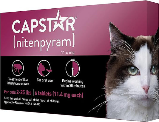 Capstar (nitenpyram) for Cats, Fast-Acting Oral Flea Treatment for Cats 2-25 lbs, Vet-Recommended Flea Medication Tablets Start Killing Fleas in 30 Minutes, 6 Doses