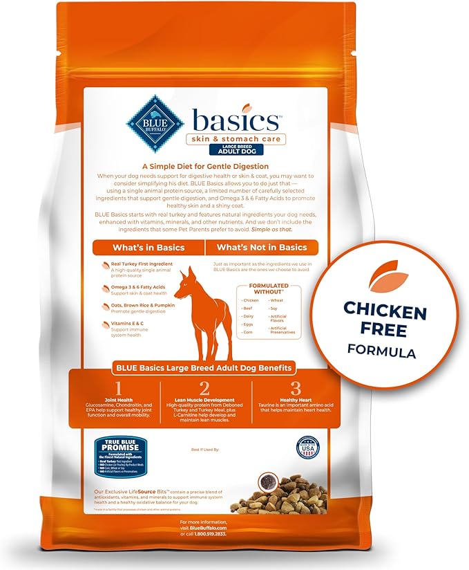 Blue Buffalo Basics Grain-Free Large Breed Adult Dry Dog Food, Skin & Stomach Care, Limited Ingredient Diet for Dogs, Turkey Recipe, 24-lb. Bag