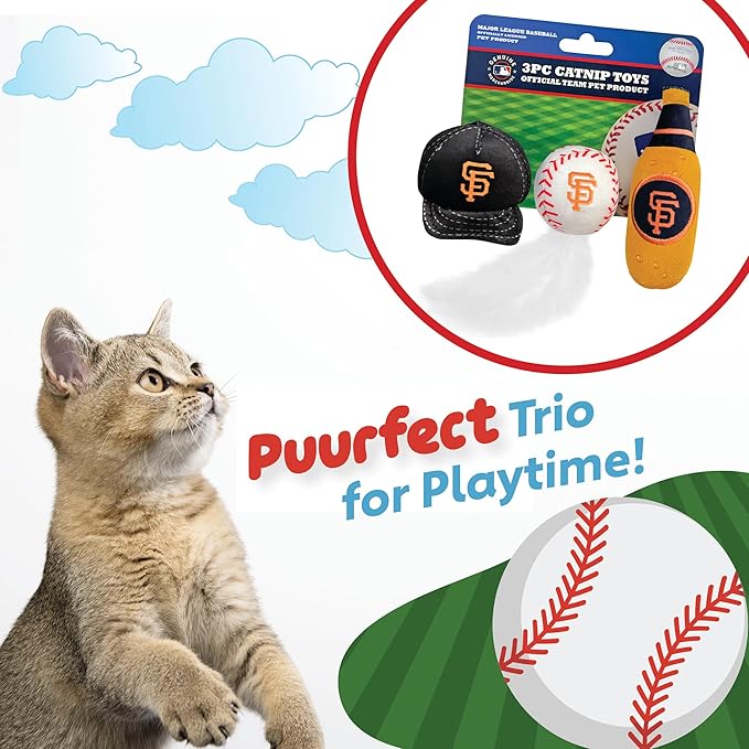 BEST PLUSH CAT TOY - MLB SAN FRANCISCO GIANTS Complete Set of 3 piece Cat Toys filled with Fresh Catnip. Includes: 1 Baseball Cap Cat Toy, 1 Baseball Cat Toy with Feathers & 1 Beer Bottle. Team LOGO