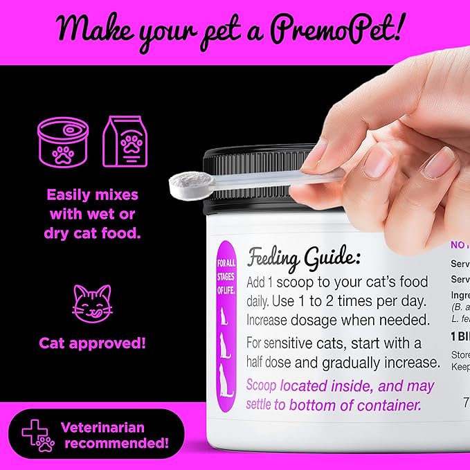 PROBIOTIC for Cats – 120 Servings - Premo Pet – Digestive Aid Plus Prebiotics - Best for Diarrhea, Vomiting, Gas, Skin Conditions – Tasteless – Wheat & Dairy Free – GMP – Vet Approved