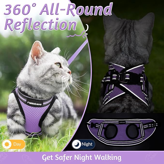 rabbitgoo Cat Harness and Leash Set for Walking Escape Proof, Adjustable Soft Kittens Vest with Reflective Strip for Cats, Comfortable Outdoor Vest, Light Purple, L