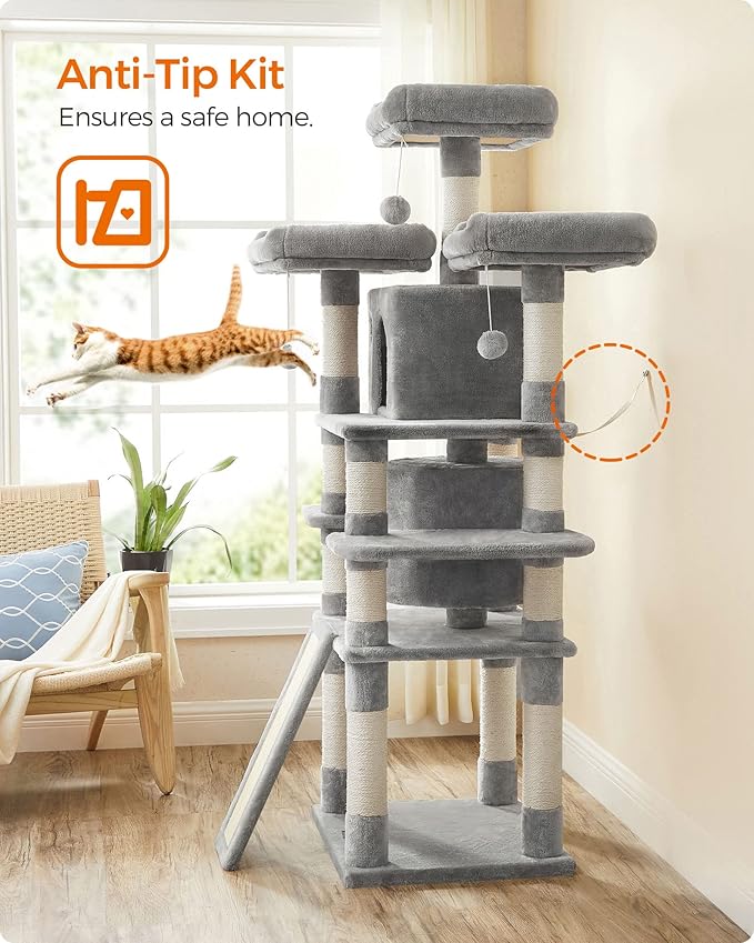 FEANDREA 67-Inch Multi-Level Cat Tree for Large Cats, with Cozy Perches, Stable, Light Gray UPCT18W