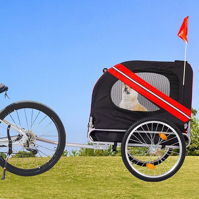 Bike Dog Trailer Folding Cart Frame with 3 Entrances Safety Flag 8 Reflectors, 20" Rear Wheels, Quick Conversion Bicycle Carrier for Medium Small Pets