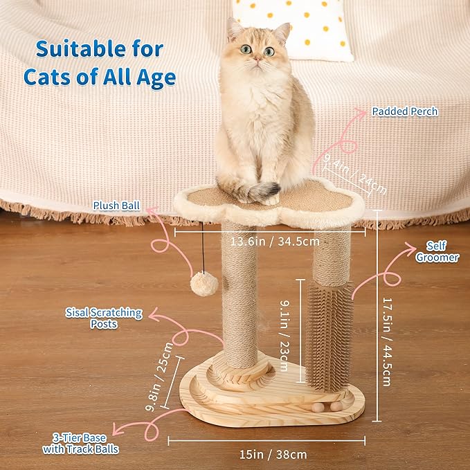 Made4Pets Cat Scratching Post, Cat Self Groomer for Indoor Cats, Cloud Soft Perch for Rest, 17.5" Tall Natural Sisal Scratcher Cat Grooming Interactive Ball Track Toys