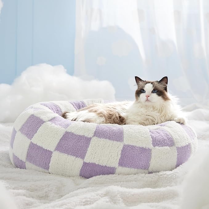 Lesure Cat Beds for Indoor Cats - Round Cat Bed Donut Small Dog Bed Calming Pet Beds, Cute Modern Beds with Jacquard Shaggy Plush & Anti Slip Bottom, 20 Inch, Purple