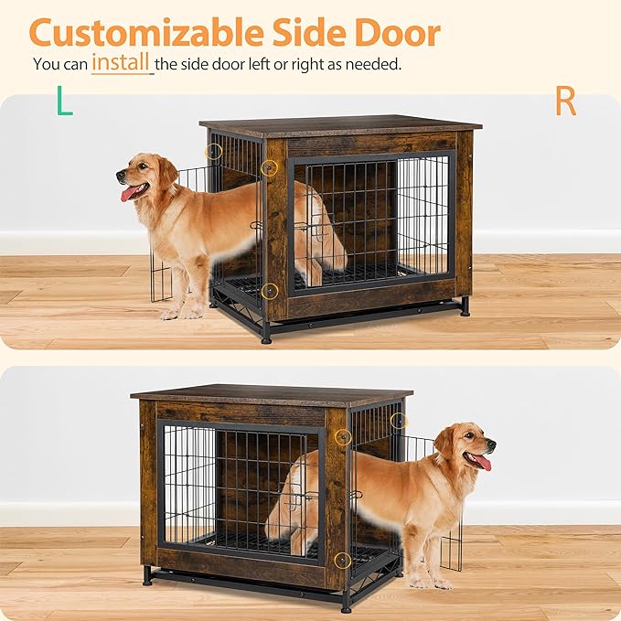 Shintenchi Wooden Dog Crate Furniture for Large Dog, XL Double-Door Kennel Indoor with Removable Tray, End Table XL Dog Crate for Decoration, 44" L*30" W*32" H, Vintage Brown