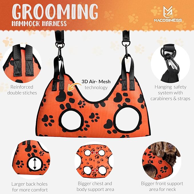 Pet Grooming Hammock for Nail Trimming - Complete Groomers Helper Set for Pet - Dog Grooming Hammock with Hook - Cat Nail Clipper - Dog Hammock for Nail Clipping (L, Orange with black paws)