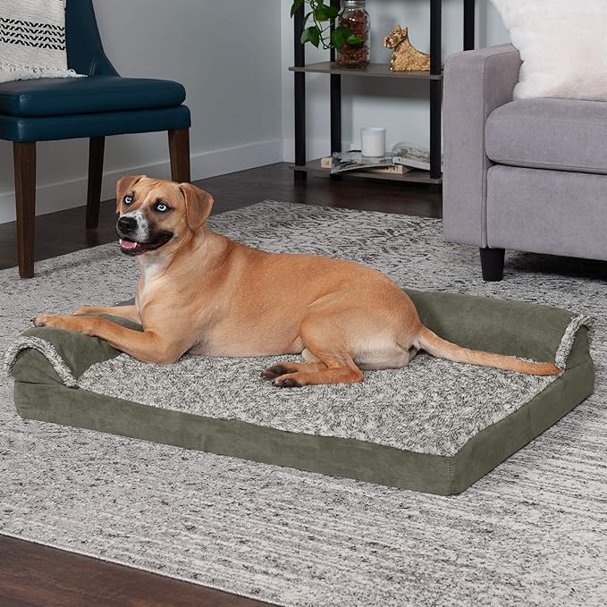 Furhaven Cooling Gel Dog Bed for Large/Medium Dogs w/ Removable Bolsters & Washable Cover, For Dogs Up to 55 lbs - Two-Tone Plush Faux Fur & Suede L Shaped Chaise - Dark Sage, Large