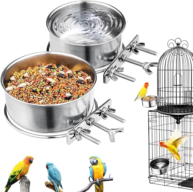 2 Pcs Bird Bowls for Cage Stainless Steel, Small Bird Cage Feeding Dish Cups, 10Oz + 17Oz Detachable Parrot Water Feeder Bowls with Clamp Pet Food Water Hanging Bowls for Small Dog Cat