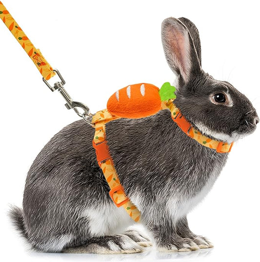 Rabbit Harness and Leash - Adjustable Bunny Harness Escape Proof for Walking Runnig Hiking Camping Outdoor - Yellow Carrot Pattern Cute Small Animal Harness Leash Set