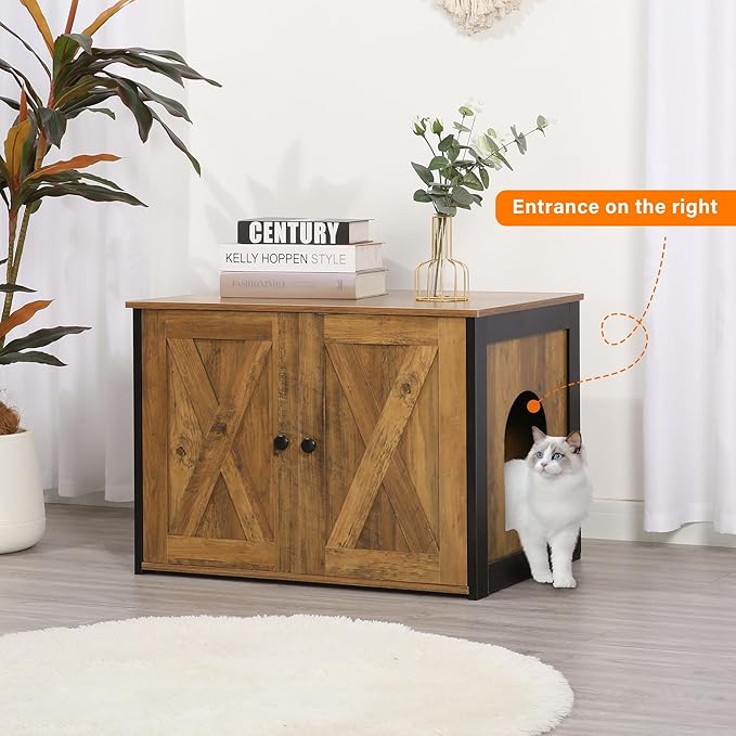 Dwanton Litter Box Enclosure, Cat Litter Box Furniture Hidden, Reversible Entrance Can Be on Left or Right Side, Wooden Cat Washroom Indoor, Fit Most of Litter Box, Warm Brown