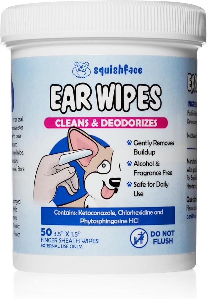 Squishface Dog Ear Relief Individual Finger Sheath Wipes – Non-Allergenic Ingredients & Irritation-Reducing Formula Cleans & Deodorizes, Helps Prevent Ear Itch & Odor – for All Breeds! (50 Count)