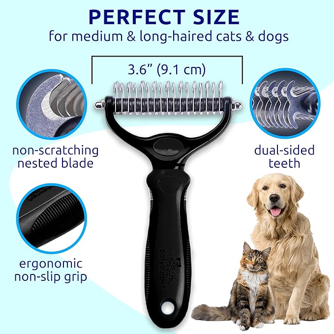 Pat your Pet Deshedding Dog Brush - Double Sided Undercoat Grooming Rake for Dogs & Cats, Dematting Comb and Shedding Tool, Extra Wide, Black