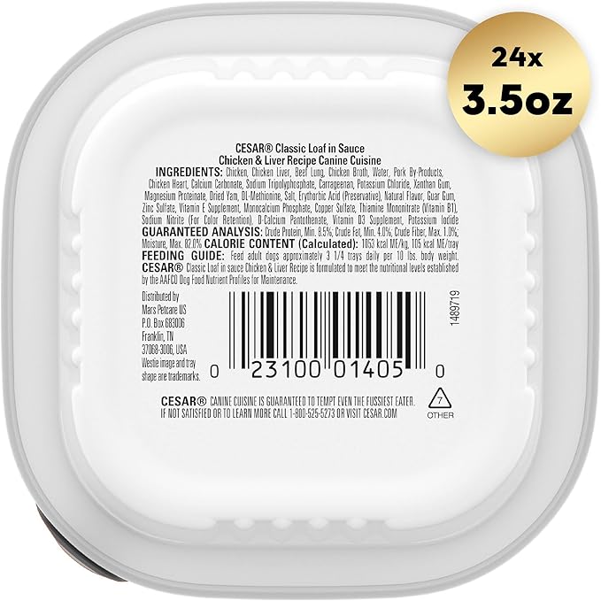 CESAR Adult Wet Dog Food Classic Loaf in Sauce Chicken & Liver Recipe, 3.5 oz. Easy Peel Trays, Pack of 24