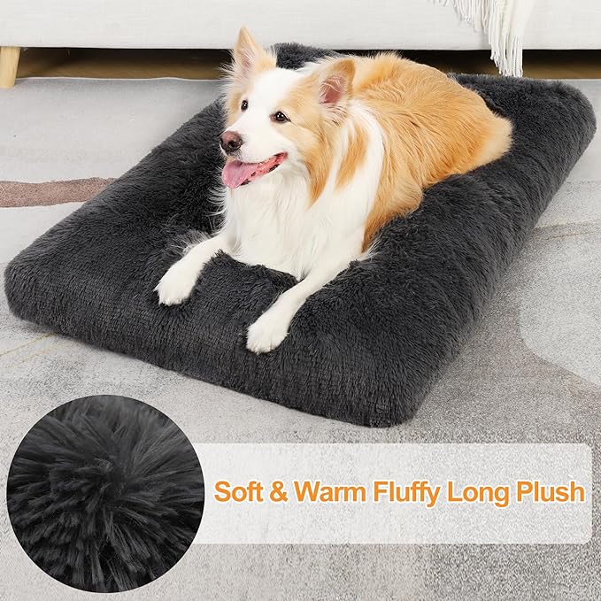 KSIIA Dog Crate Bed Washable Dog Beds for Large Dogs Deluxe Plush Fluffy Comfy Thick Kennel Pad Anti-Slip & Anti-Scratch Pet Sleeping Mat, 35 x 23 Inch, Dark Gray