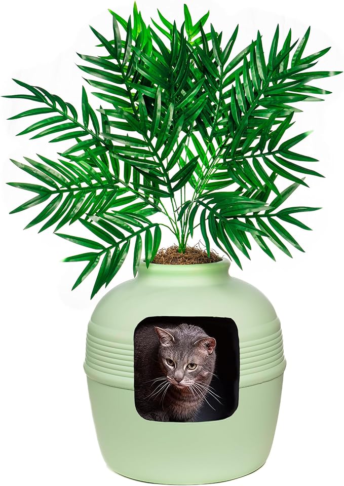 Good Pet Stuff, The Original Hidden Litter Box Base Kit, Round Enclosed Cat Litter Box Planter with Artificial Plants, Vented Carbon Odor Filter System, Florist Moss, Easy to Clean, Seagrass Green