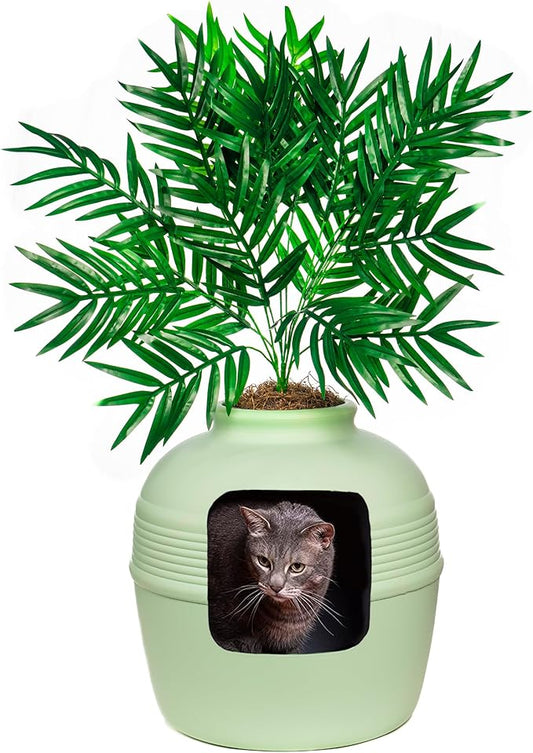 Good Pet Stuff, The Original Hidden Litter Box Base Kit, Round Enclosed Cat Litter Box Planter with Artificial Plants, Vented Carbon Odor Filter System, Florist Moss, Easy to Clean, Seagrass Green