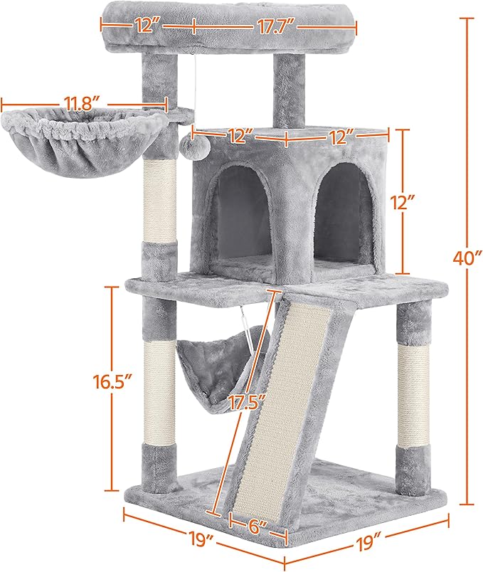 Yaheetech Cat Tree Cat Tower, 40-Inch Cat Condo with Oversized Soft Platform, Scratching Board, Basket and Hammock, Cat Furniture for Kittens Cats Pets, Light Gray