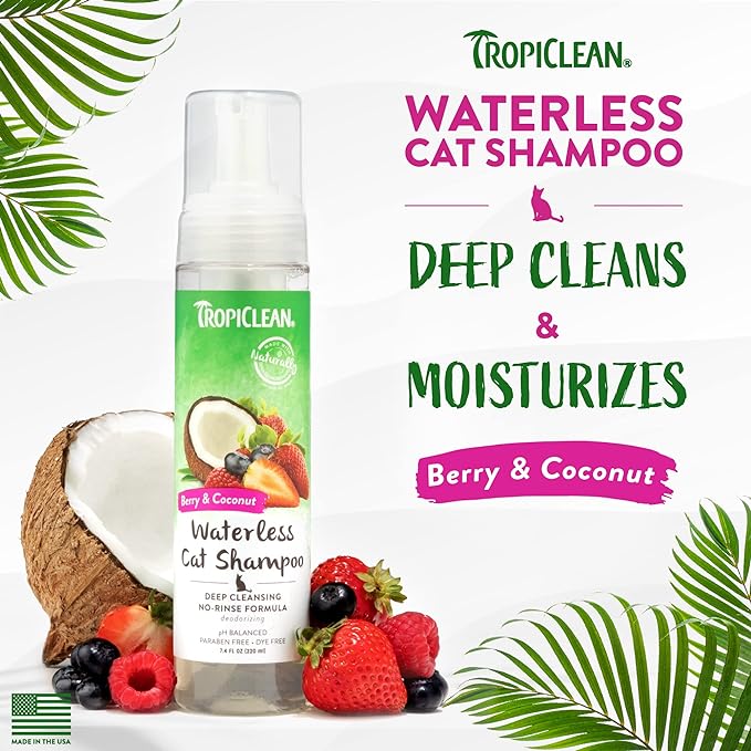 TropiClean Berry Coconut Waterless Cat Shampoo | Deep Cleansing Dry Shampoo for Cats | Natural Cat Shampoo Derived from Natural Ingredients | Made in The USA | 7.4 oz.