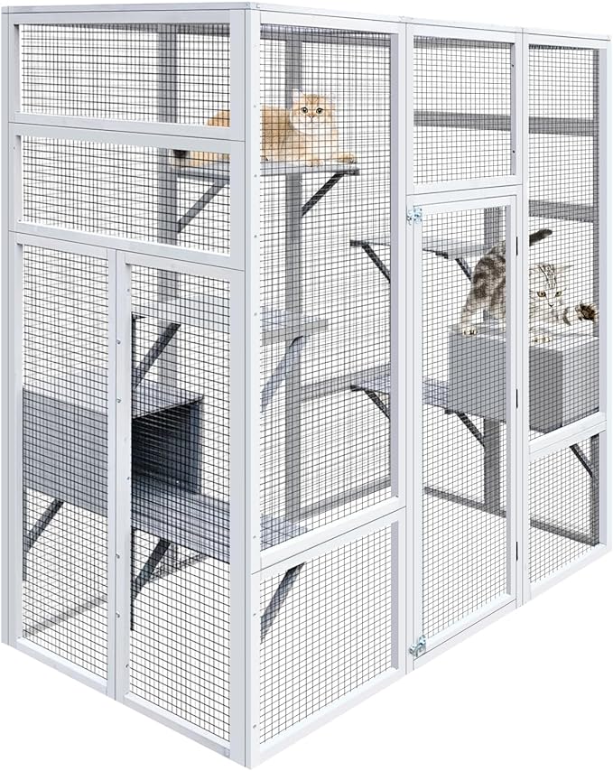 72 Inch Wooden Catio Outdoor Cat Enclosure w/ 2 Napping Houses, Luxury Kitty-House with 7 Jumping Platforms & Weatherproof Asphalt Roof, Walk-in Kitty Kennel Condo Shelter