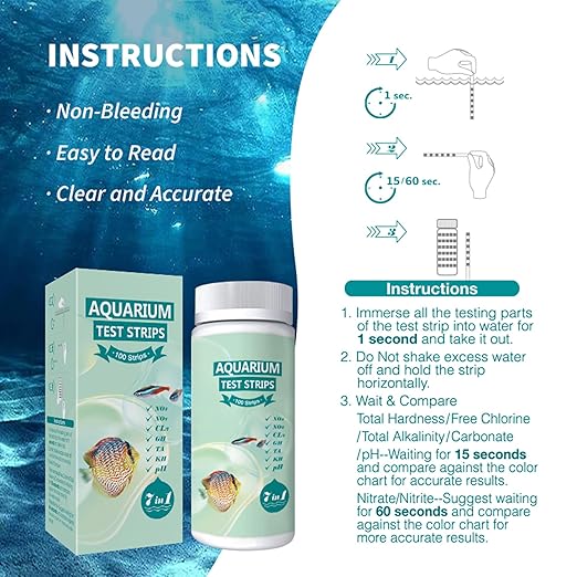 7 in 1 Aquarium Test Strips Kit - 100 Strips Use for Freshwater Fish Tank, Fish Pond, Accurate & Fast Testing pH/Nitrite/Nitrate/Chlorine/Carbonate/Total Alkalinity/Hardness