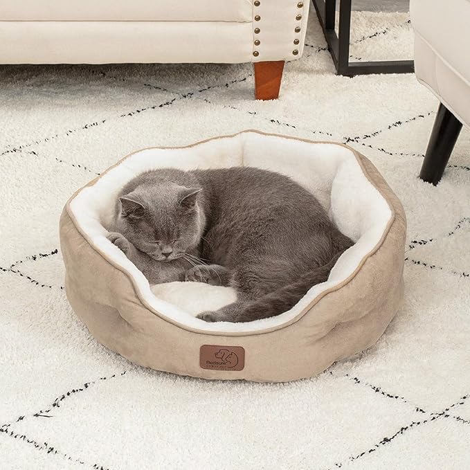 Bedsure Dog Beds for Small Dogs - Round Cat Beds for Indoor Cats, Washable Pet Bed for Puppy and Kitten with Slip-Resistant Bottom, 20 Inches, Taupe