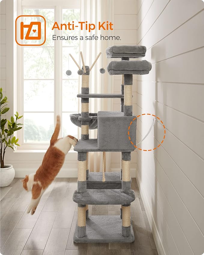 FEANDREA Cat Tree, Large Cat Tower, 64.6 Inches, Cat Activity Center with Hammock, Basket, Removable Fur Ball Sticks, Cat Condo, Light Gray UPCT087W01