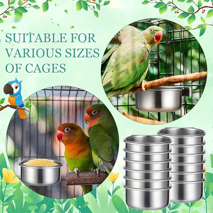 12 Pcs 10 oz Stainless Steel Bird Feeding Dish Cups Bird Feeder with Clamp Parrot Food Cups for Cage Pet Water Cage Bowls for Budgies Parakeet Cockatiel Small Animal