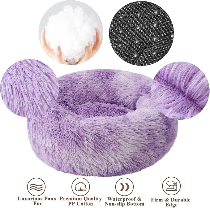 Aurako Cat Bed Dog Bed Round Cushion Pet Bed Mat Ultra Soft Plush Donut Sofa Comfortable Pillow Machine Washable Pet Cuddle Beds for Kitten Small Medium Large Dogs Cats 20" Purple and White