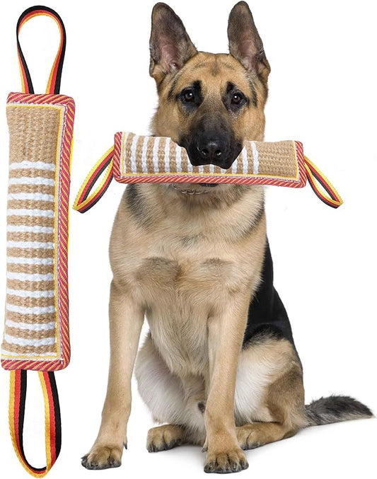 Dog Tug Toy Dog Tough Jute Bite Pillow - Lasting Training Equipment - Two Flag Handles Puppy to Large Dogs Interactive Toy war toys for aggressive chewers.