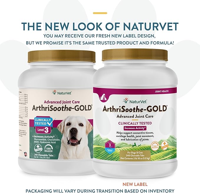 NaturVet Clinically Tested ArthriSoothe-Gold Level 3 Advanced Joint Care for Dogs and Cats, 240 ct Time Release, ChewableTablets, Made in USA