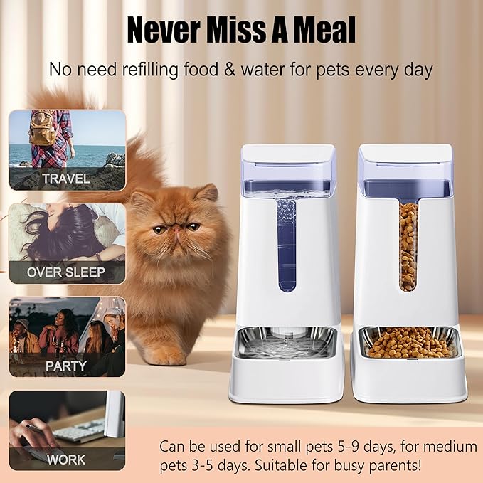 Automatic Cat Feeder and Cat Water Dispenser Set with Stainless Steel Bowls Gravity Dog Feeder for Small Medium Big Dog Pets Puppy Kitten, 1 Gallon x 2