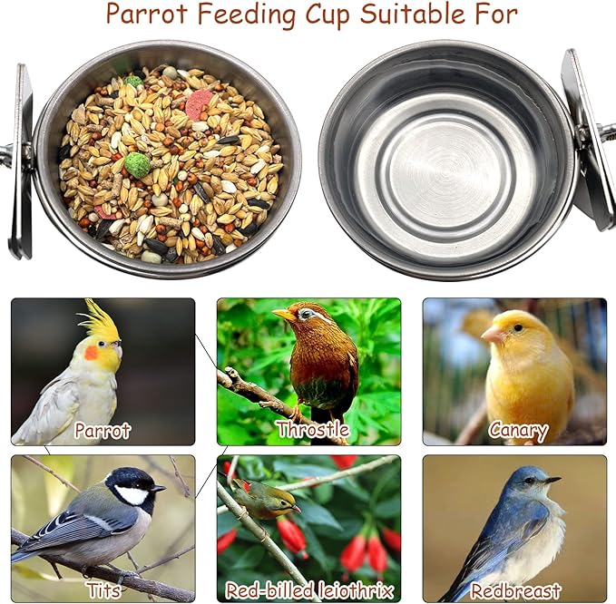 Tfwadmx Bird Feeding Dish Cups Parrot Food Bowl Clamp Holder Coop Cup, Bird Cage Water Bowl for Parakeet African Greys Conure Cockatiels Lovebird Budgie Chinchilla