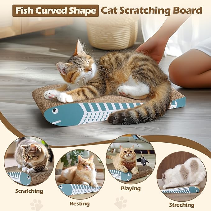 ComSaf Cat Scratching Board 2 Pack, Cat Scratcher Cardboard, Curved Cat Scratcher, Cute Cat Scratch Pad for Kitty, Recycle Cardboard Cat Scratcher, Double-Sided Pad for Long Lasting Use (Blue)