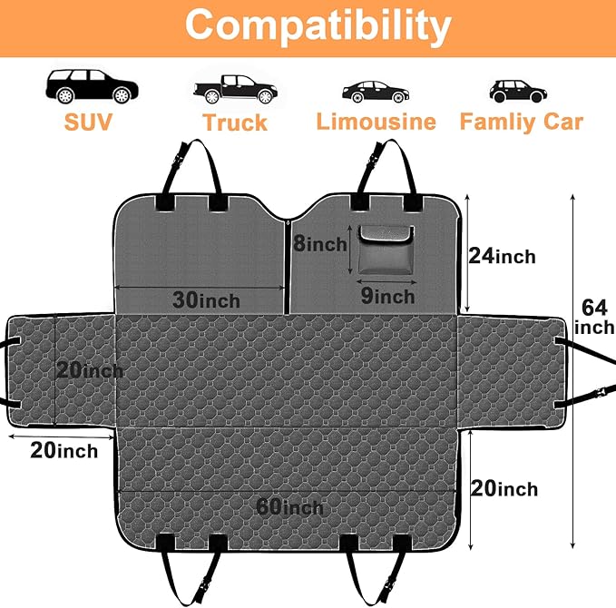 Mancro Dog Car Seat Cover for Back Seat, Waterproof Car Seat Protector for Dogs with Side Flaps, Scratchproof Dog Backseat Cover, Nonslip Dog Hammock for Sedans, SUVs, X-Large, Grey