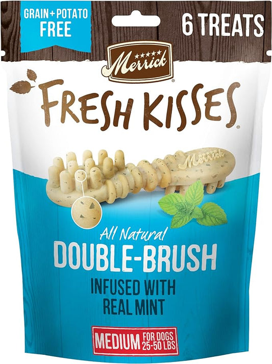 Merrick Fresh Kisses Natural Dental Chews Toothbrush Shape Treat Infused With Real Mint Medium Dogs - 6 ct. Bag