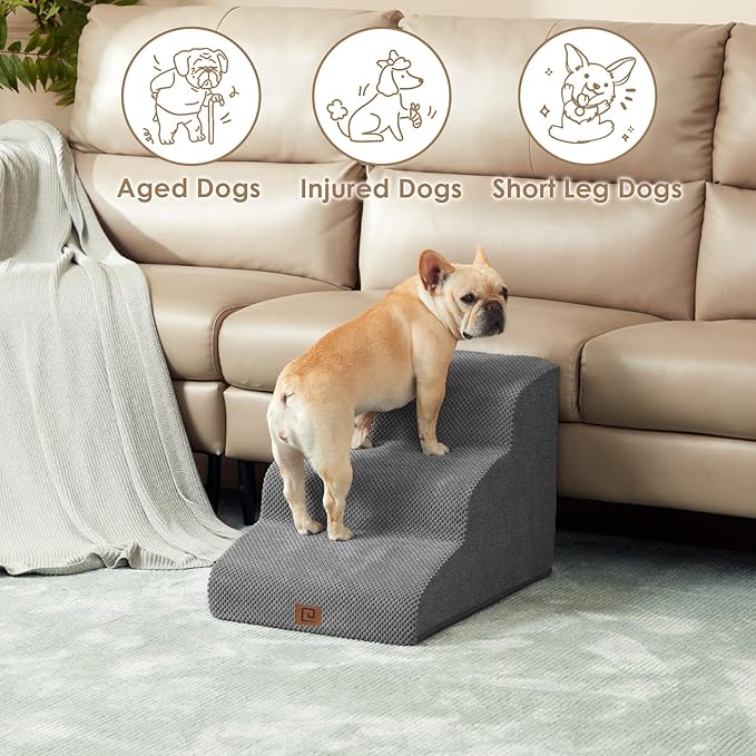 EHEYCIGA Curved Dog Stairs for Small Dogs 15.7" H, 3-Step Dog Steps for Couch Sofa and Chair, Pet Stairs for Cats, Non-Slip Balanced Pet Steps Indoor, Grey