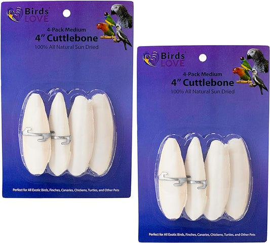Birds LOVE Natural Cuttlebone – Premium Calcium & Trace Mineral Supplement for Avian Species, Tortoises & Snails – Pure Cuttlebone for Parakeets, Cockatiels, All Birds - 2 Packs of 4, Size 3.5 to 4"